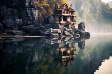 An ancient dwelling situated upon a sturdy rock amidst a serene lake, casting a beautiful reflection. Generative AI