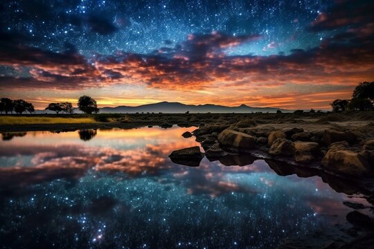Scenic landscape beneath stunning starlit skies. Generative AI