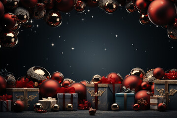 Naklejka premium Ai Generative Christmas banner with copy space for text, santa claus celebrate with giftboxes, fir tree branches and red ornaments, dark color background 
