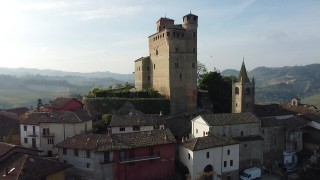 360 degree video in 4k of the castle of Serralunga d'Alba, in the heart of the Piedmontese Langhe near Alba in the autumn period of truffles and wine
