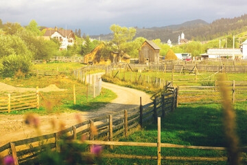 Illustration of old Sadova village in Karpaty on Bucovina in Romania.