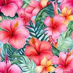 Tropical seamless pattern with bright hibiscus flowers and exotic palm leaves on white background. Exotic floral jungle backdrop. Botanical wallpaper in Hawaiian style