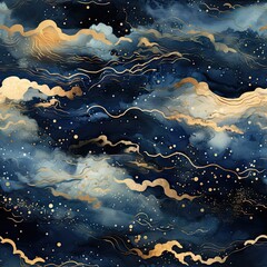 Watercolor night sky. Seamless pattern with gold foil constellations, stars and clouds on dark blue background. Space, astronomical concept. Design for textile, fabric, paper, print