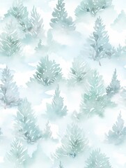 Seamless pattern of watercolor spruce forest in the fog. Winter landscape with pine trees isolated on white background. Scandinavian nature. Design for print, card, poster, banner, fabric