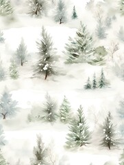 Seamless pattern of watercolor spruce forest in the fog. Winter landscape with pine trees isolated on white background. Scandinavian nature. Design for print, card, poster, banner, fabric