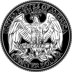 American money, USA Washington quarter dollar, Bald eagle on reverse. Black and white image