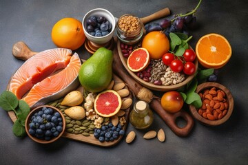 Selection of healthy foods to lower blood pressure and prevent diseases. Generative AI - obrazy, fototapety, plakaty