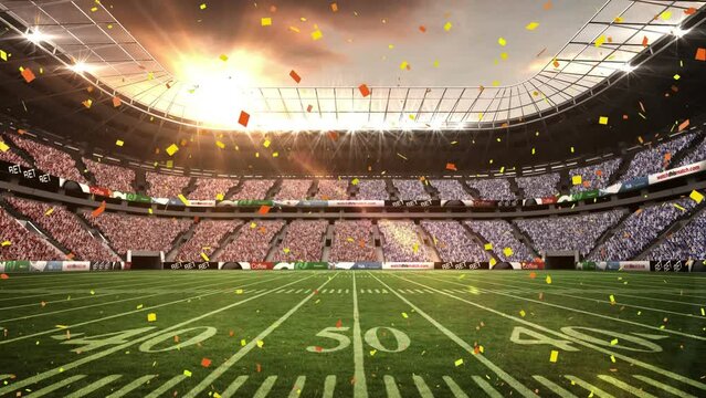Animation of golden confetti falling against view of rugby sports stadium