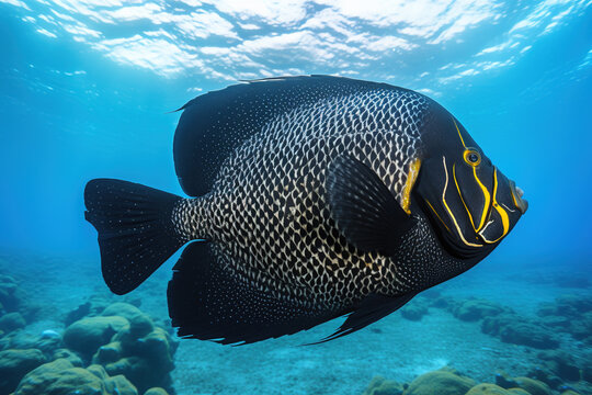 French Angelfish swimming in the open ocean
