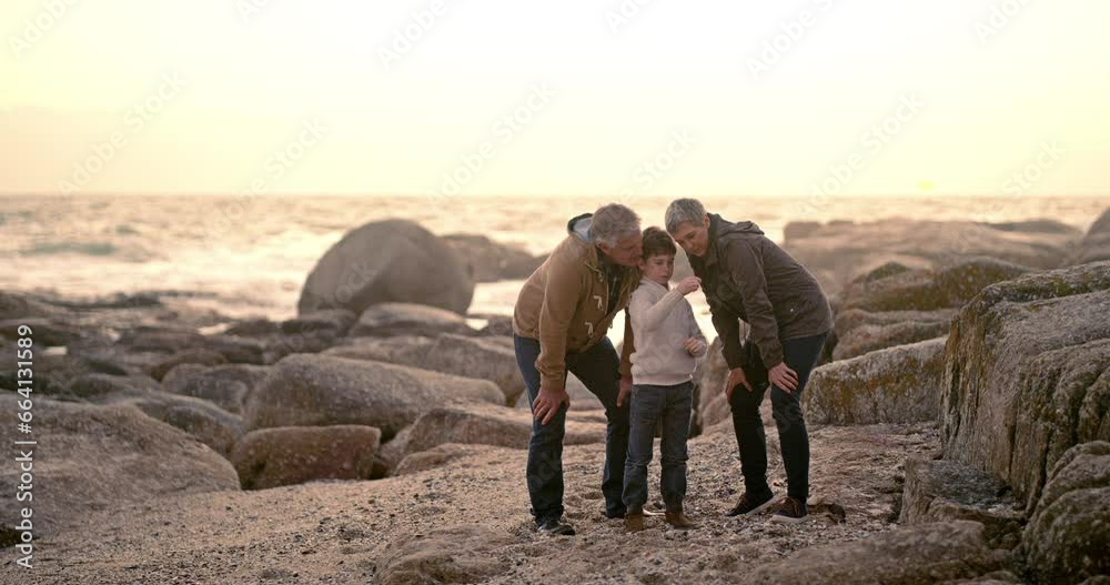 Canvas Prints Family, learning and child with shells at the beach with a sunset on the ocean and game on vacation. Mature, man and woman bonding with kid to show a rock, stone or fossil from the sea or water