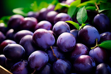 Fototapeta premium A good harvest of plums. Cultivation of plums. Farm and field. Harvested agricultural crops.