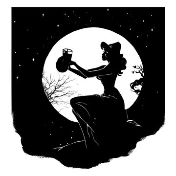 silhouette belle jeune sorcière sexy sur fond noir et blanc pleine lune  dans un bois et nuit étoilés.