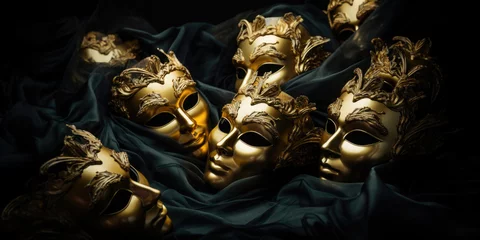 Poster Im Rahmen golden carnival masks on black background © Karat