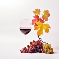 A glass of wine next to a bunch of grapes. Autumn clip art.