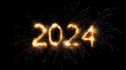 2024 is written with sparklers onto a black background, copy space for text, happy new year celebrationc oncept