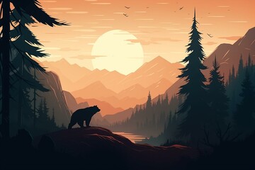 Illustration of bear in mountains with fir forest at sunset. Generative AI