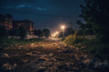 Evening suburbs littered with garbage, highlighting the problem of waste pollution. Generative AI