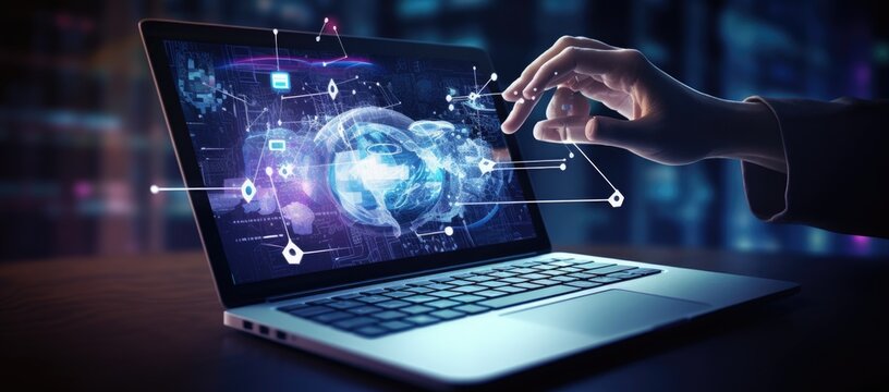 A person using a laptop and touching the screen for interaction