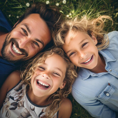 Fototapeta premium Aerial photography of a family laying in the grass and smiling
