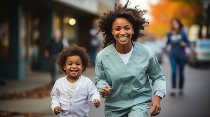 A nurse mom with a small child. Generative AI. 