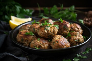 delicious greek meatballs with herbs, fried to perfection. Generative AI - obrazy, fototapety, plakaty