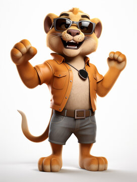A Cool 3D Cartoon Mountain Lion Wearing Sunglasses on a Solid Background