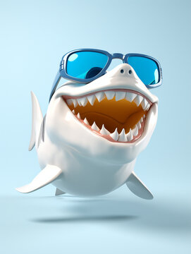 A Cool 3D Cartoon Shark Wearing Sunglasses on a Solid Background