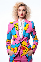 blonde business woman in colorful pop-art fashion