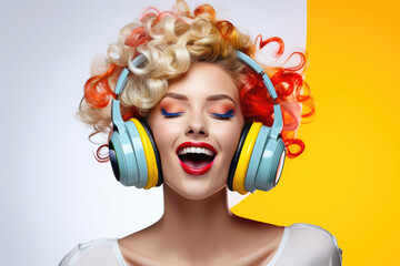 retro pop art woman with big headphones listening and singing to music