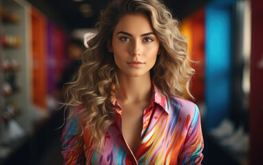 Young beauty business fashionable girl standing in a modern glassy office