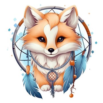 A fox with a dream catcher elements. Digital art. Tribal-inspired design.