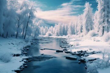 a glowing blue river flowing through a magical snowy landscape. Generative AI