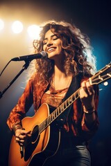 Fototapeta na wymiar Musician woman singing on stage with a guitar in a band