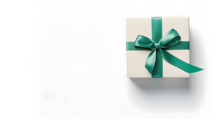 Obraz premium Top view of minimalist elegant white square cardboard gift box with green satin bow ribbon on white flat lay background with copyspace. Surprise present for special occasion, christmas, celebration.