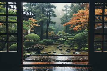 Beautiful Japanese Garden in the Rainy Autumn Season with Rain in the Maple Garden - Perfect for Fall and Autumn Themes, Copy Space Add Text Quote for Seasonal Reflections and Nature Beauty