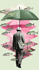A man in a suit and hat holding an umbrella. Vintage AI photographic collage.
