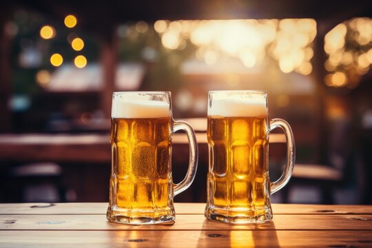 Two beer mugs filled with beer and beer foam, rustic background