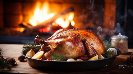 Roasted whole chicken with apples, cranberries and spices on wooden table in front of fireplace generativa IA - obrazy, fototapety, plakaty