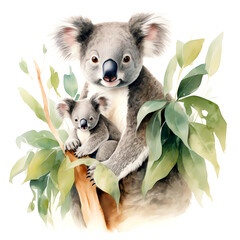 Watercolor illustration of koala mother and cub on white background