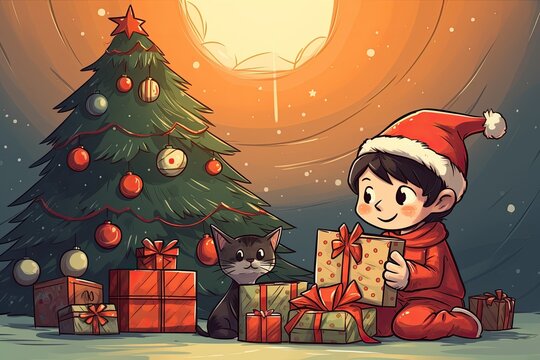 Christmas tale with a little boy and cat in the style of cartoon cards