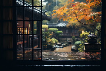 Beautiful Japanese Garden in the Rainy Autumn Season with Rain in the Maple Garden - Perfect for Fall and Autumn Themes, Copy Space Add Text Quote for Seasonal Reflections and Nature Beauty