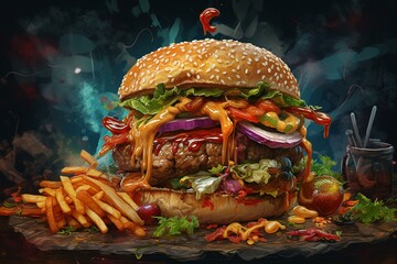 deluxe burger with beef, cheese, veggies, shrimp, and hummer in a digital art background for a magazine. Generative AI - obrazy, fototapety, plakaty
