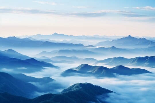 Mountain range covered in mist at dawn. Generative AI