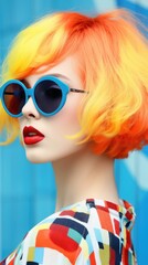 A woman with bright orange hair and blue sunglasses. Vibrant pop art image.
