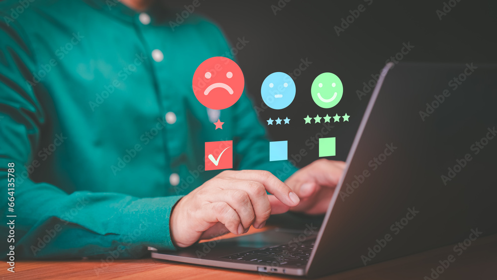 Poster customer review and feedback with angry emotion face on virtual screen.