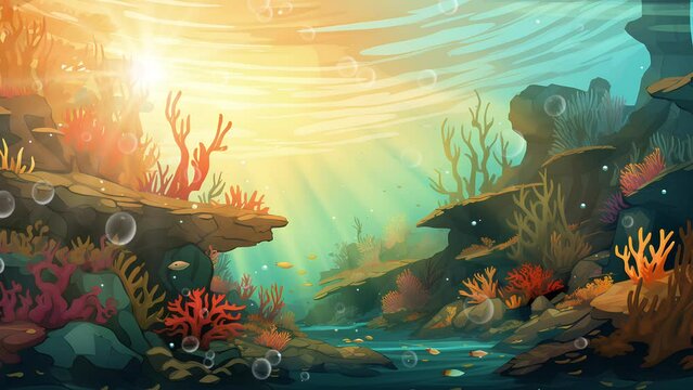 scene view of life under the sea, various fish and coral reefs with sunlight shining from above. looping animated cartoon video 