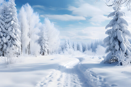 Frosty Wonderland, Majestic Snow Covered Trees in Winter Landscape