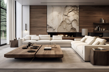 Elegant Minimalist Living Room: Luxurious Interior with White Sofas, Oak Accents, and Abundant Natural Light