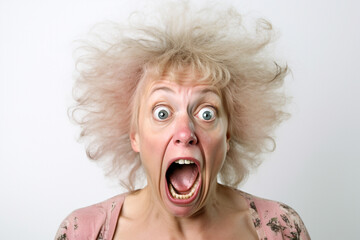 Older woman with a surprised crazy look on her face. With glasses, funny image, white background, isolated