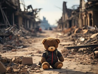 brown teddy bear on road in city war situation building destroy by missile in bird eyes view - obrazy, fototapety, plakaty